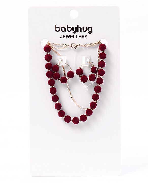 Babyhug Free Size Neck Piece & Earrings Set- Gold & Maroon