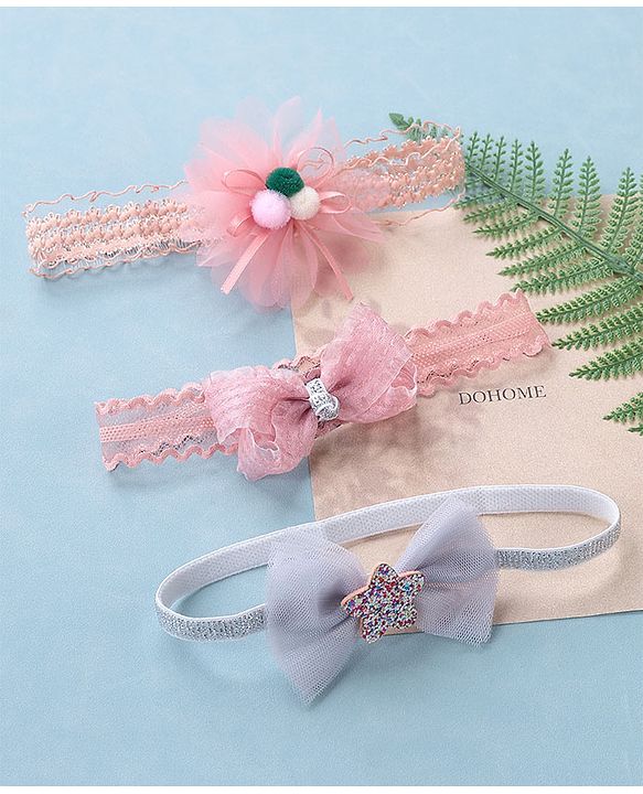 Babyhug Glitter Star With Bow Applique Headbands Pack of 3 - Multicolour