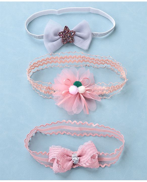 Babyhug Glitter Star With Bow Applique Headbands Pack of 3 - Multicolour