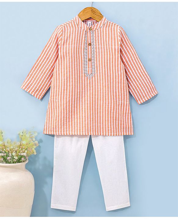 Babyhug 100% Cotton Full Sleeves Kurta With Payjama Set Striped - Orange