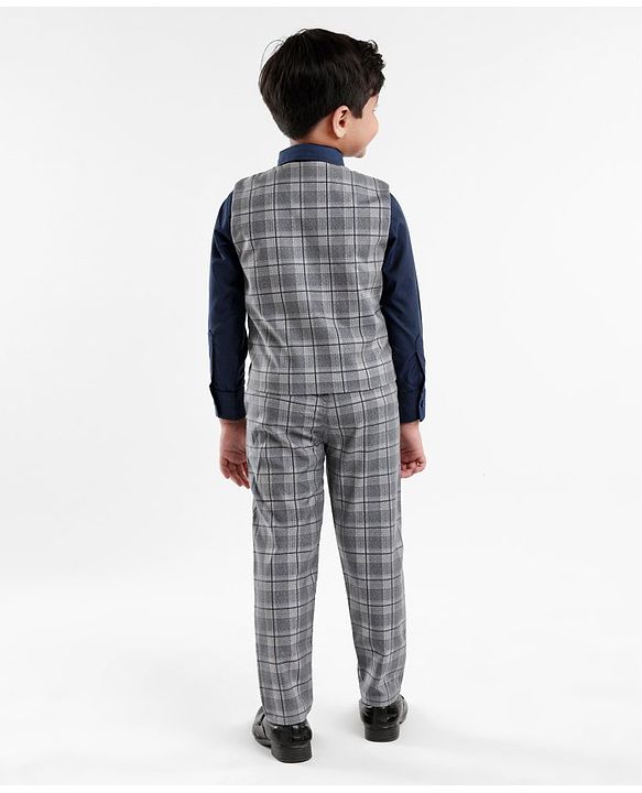 Babyhug Lycra Blend Full Sleeves Checked Party Suit- Grey & Dark Blue