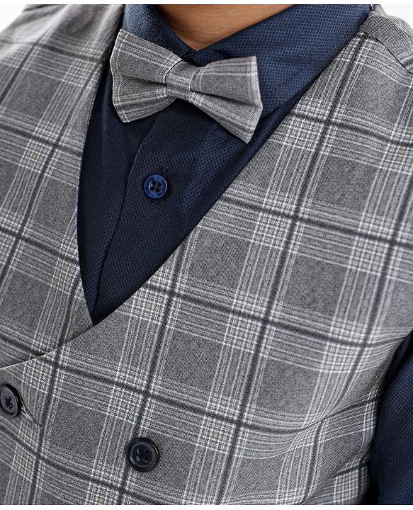 Babyhug Lycra Blend Full Sleeves Checked Party Suit- Grey & Dark Blue