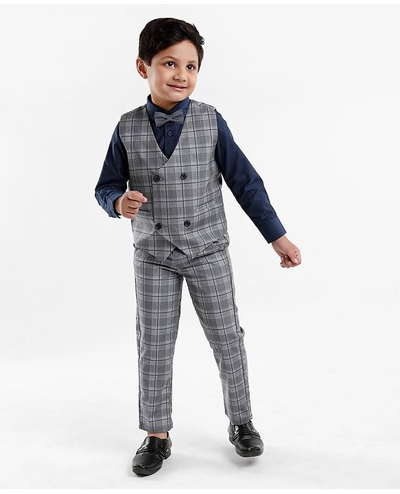 Babyhug Lycra Blend Full Sleeves Checked Party Suit- Grey & Dark Blue