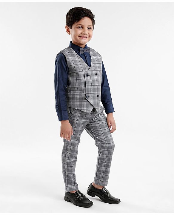 Babyhug Lycra Blend Full Sleeves Checked Party Suit- Grey & Dark Blue