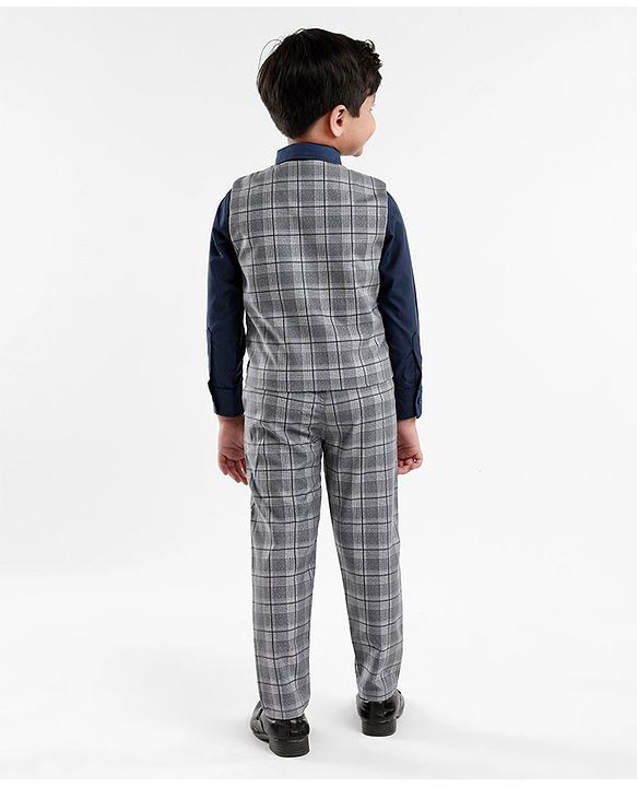 Babyhug Lycra Blend Full Sleeves Checked Party Suit- Grey & Dark Blue
