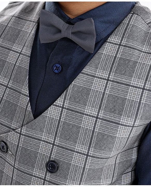 Babyhug Lycra Blend Full Sleeves Checked Party Suit- Grey & Dark Blue