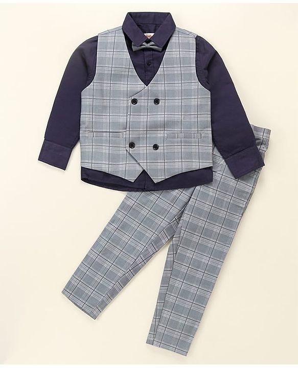 Babyhug Lycra Blend Full Sleeves Checked Party Suit- Grey & Dark Blue