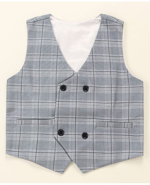 Babyhug Lycra Blend Full Sleeves Checked Party Suit- Grey & Dark Blue