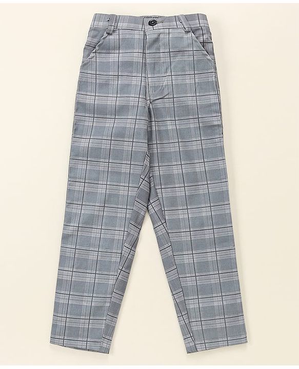 Babyhug Lycra Blend Full Sleeves Checked Party Suit- Grey & Dark Blue