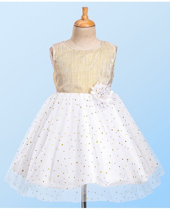 Babyhug Sleeveless Sequin Embellished Woven Party Dress with Floral Corsage - Gold & Off-White