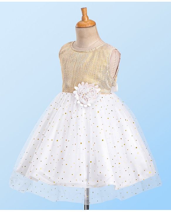 Babyhug Sleeveless Sequin Embellished Woven Party Dress with Floral Corsage - Gold & Off-White