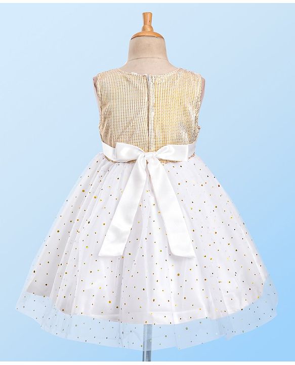 Babyhug Sleeveless Sequin Embellished Woven Party Dress with Floral Corsage - Gold & Off-White
