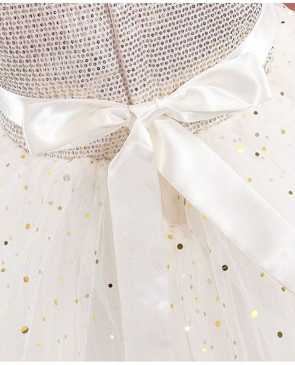 Babyhug Sleeveless Sequin Embellished Woven Party Dress with Floral Corsage - Gold & Off-White