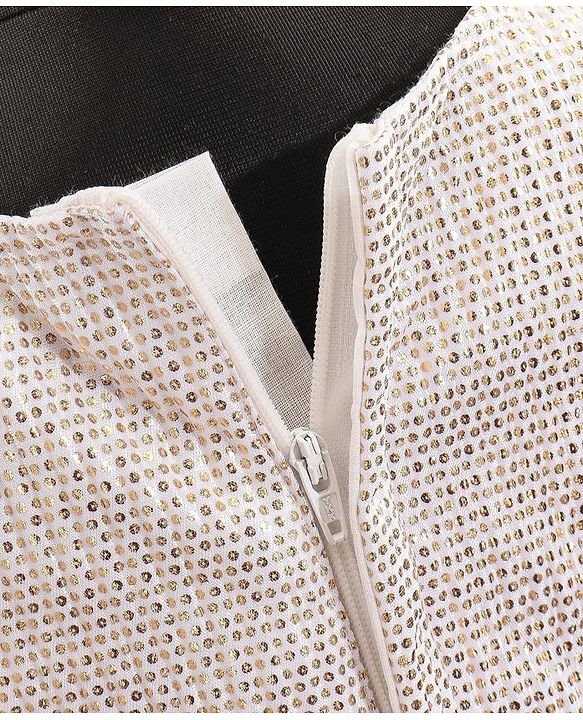 Babyhug Sleeveless Sequin Embellished Woven Party Dress with Floral Corsage - Gold & Off-White