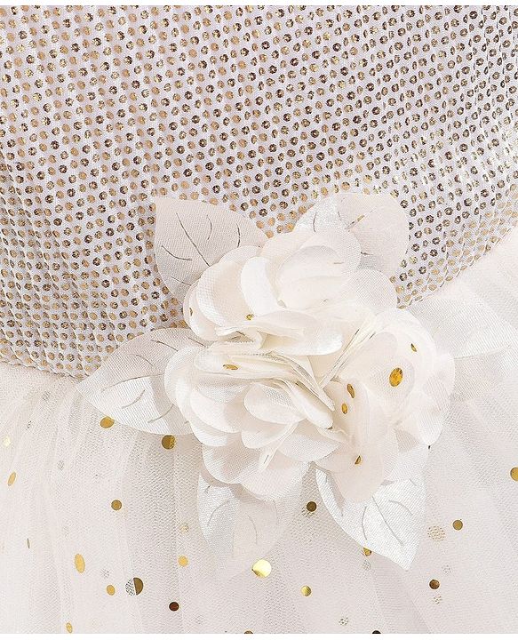 Babyhug Sleeveless Sequin Embellished Woven Party Dress with Floral Corsage - Gold & Off-White