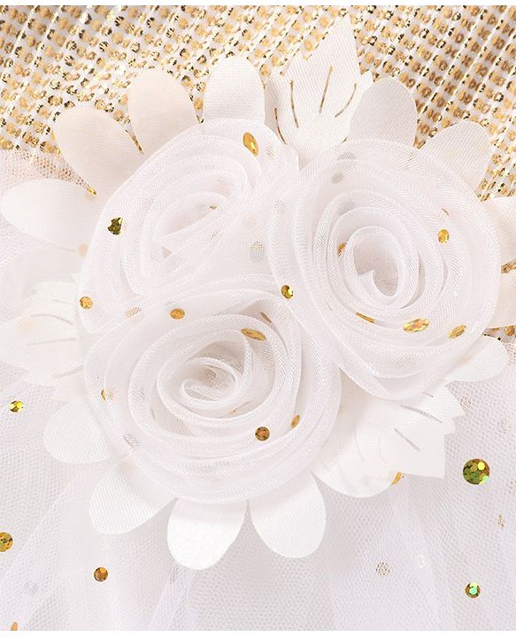 Babyhug Sleeveless Sequin Embellished Woven Party Dress with Floral Corsage - Gold & Off-White