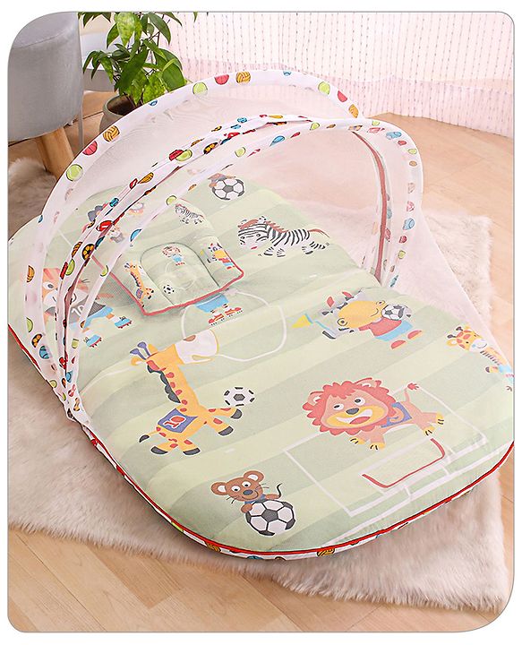 Babyhug Cotton Bedding Set with Mosquito Net Soccer Print- Green