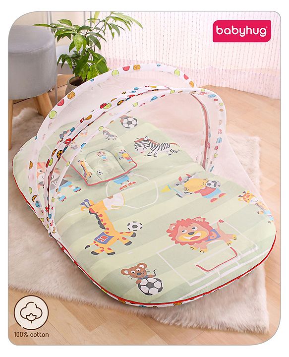 Babyhug Cotton Bedding Set with Mosquito Net Soccer Print- Green