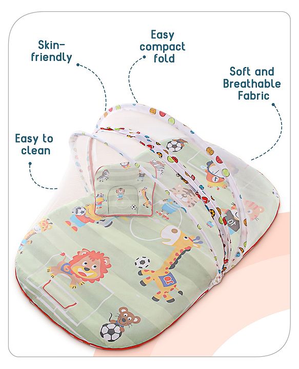 Babyhug Cotton Bedding Set with Mosquito Net Soccer Print- Green