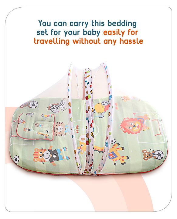 Babyhug Cotton Bedding Set with Mosquito Net Soccer Print- Green