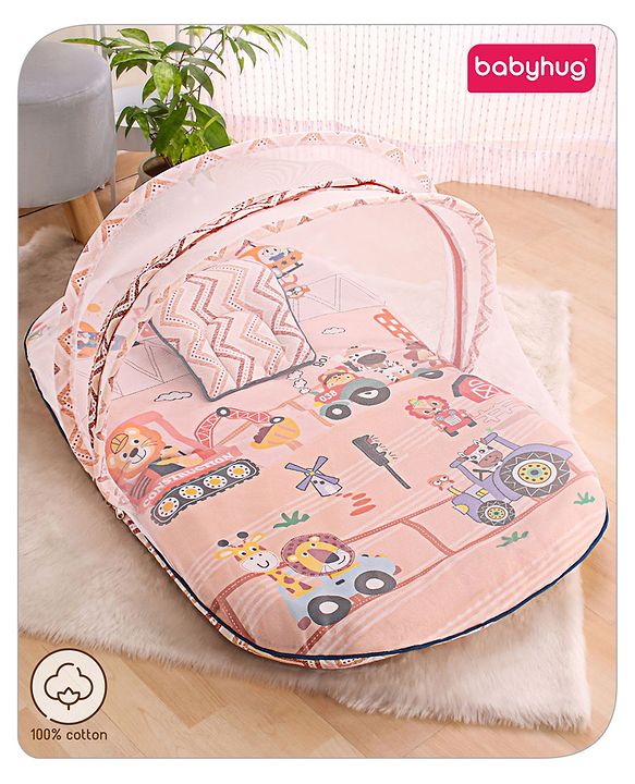 Babyhug Cotton Bedding Set with Mosquito Net Soccer Print- Green