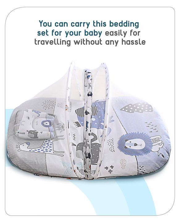 Babyhug Cotton Bedding Set with Mosquito Net Soccer Print- Green