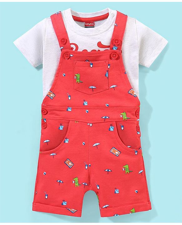 Babyhug Cotton Knit Half Sleeves Text Printed T-Shirt and Dungaree Set Beach Print - White & Red