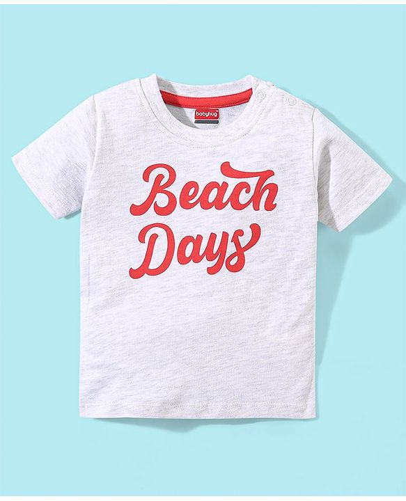 Babyhug Cotton Knit Half Sleeves Text Printed T-Shirt and Dungaree Set Beach Print - White & Red