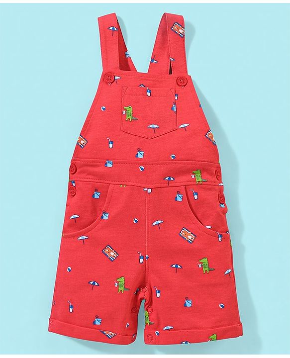 Babyhug Cotton Knit Half Sleeves Text Printed T-Shirt and Dungaree Set Beach Print - White & Red