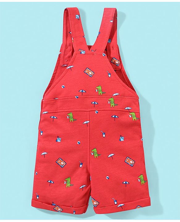 Babyhug Cotton Knit Half Sleeves Text Printed T-Shirt and Dungaree Set Beach Print - White & Red