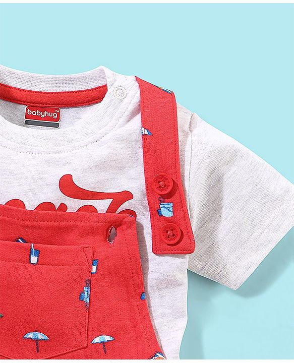Babyhug Cotton Knit Half Sleeves Text Printed T-Shirt and Dungaree Set Beach Print - White & Red