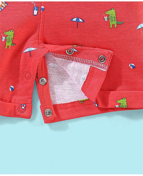 Babyhug Cotton Knit Half Sleeves Text Printed T-Shirt and Dungaree Set Beach Print - White & Red