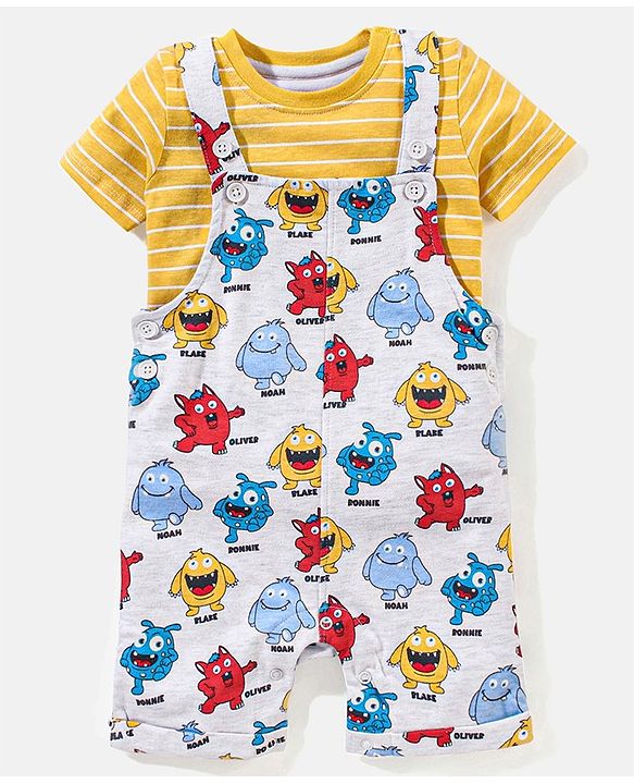 Babyhug Cotton Monster Printed Dungaree and Half Sleeves Stripes T-Shirt Set - Orange