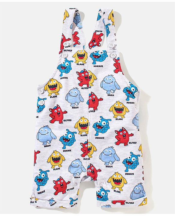Babyhug Cotton Monster Printed Dungaree and Half Sleeves Stripes T-Shirt Set - Orange
