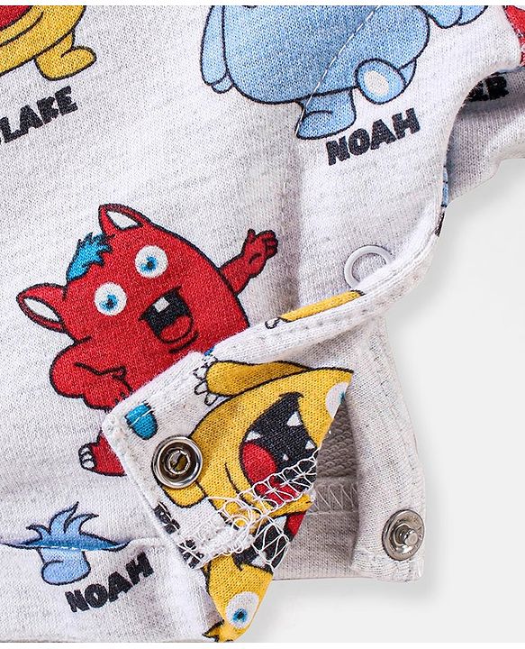 Babyhug Cotton Monster Printed Dungaree and Half Sleeves Stripes T-Shirt Set - Orange