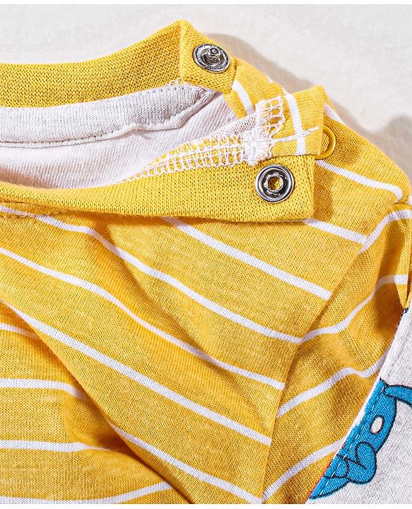 Babyhug Cotton Monster Printed Dungaree and Half Sleeves Stripes T-Shirt Set - Orange