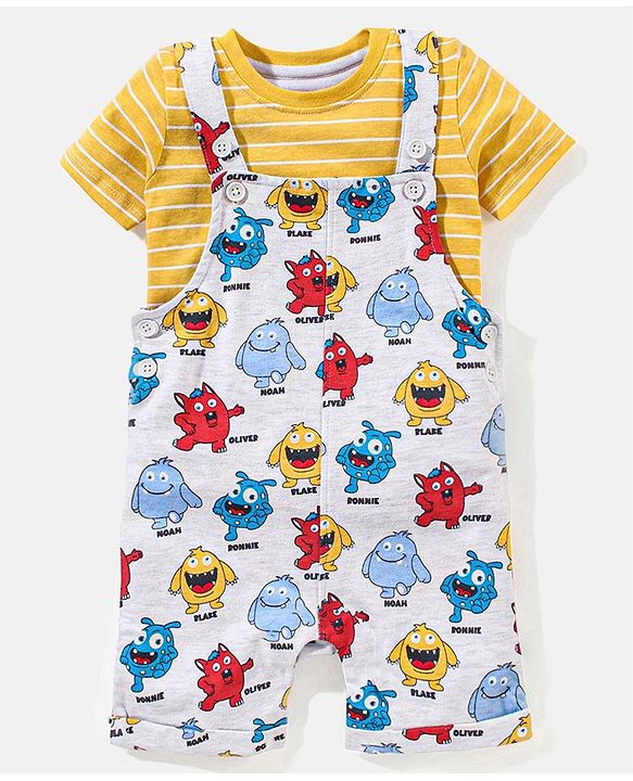 Babyhug Cotton Monster Printed Dungaree and Half Sleeves Stripes T-Shirt Set - Orange