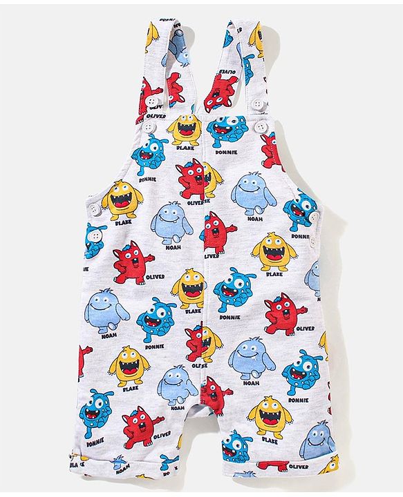 Babyhug Cotton Monster Printed Dungaree and Half Sleeves Stripes T-Shirt Set - Orange