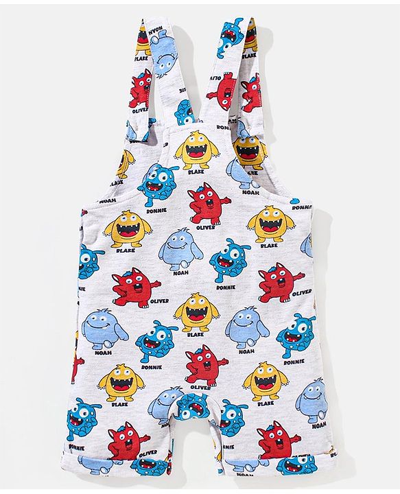 Babyhug Cotton Monster Printed Dungaree and Half Sleeves Stripes T-Shirt Set - Orange