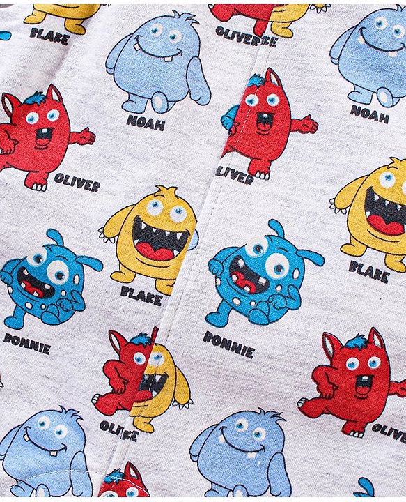 Babyhug Cotton Monster Printed Dungaree and Half Sleeves Stripes T-Shirt Set - Orange
