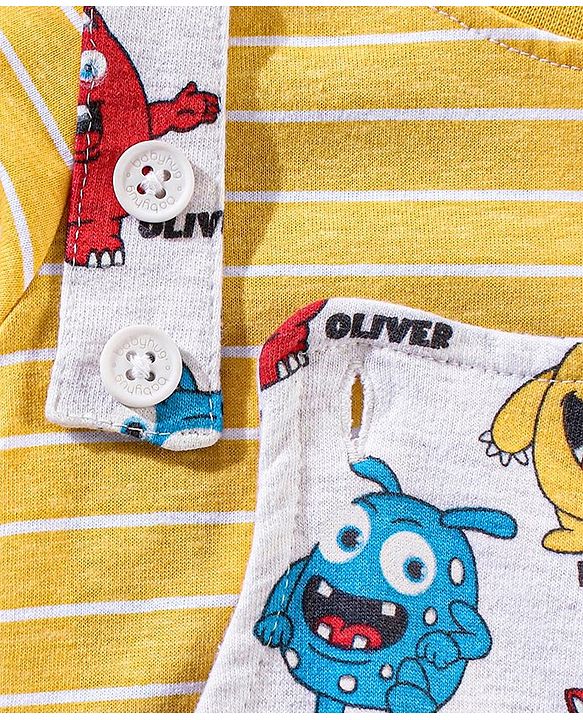 Babyhug Cotton Monster Printed Dungaree and Half Sleeves Stripes T-Shirt Set - Orange