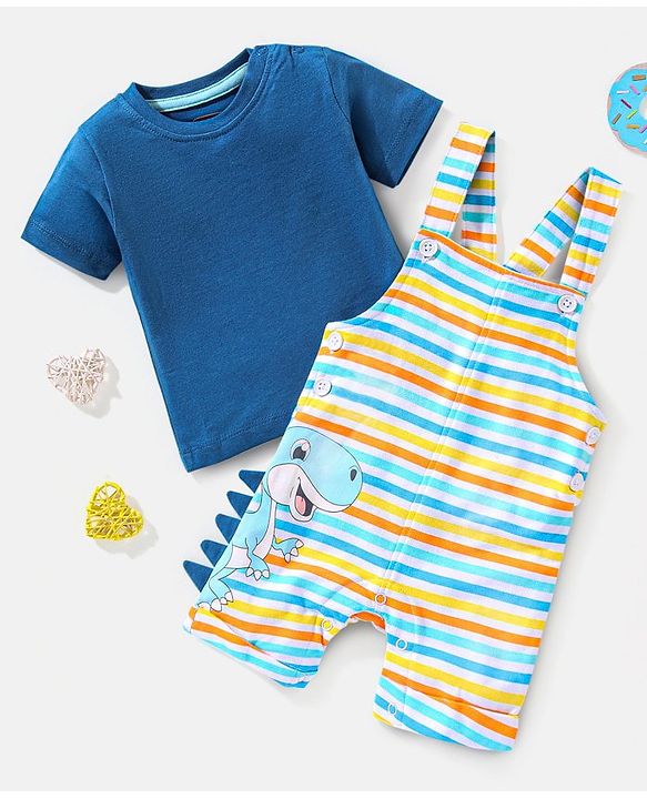 Babyhug Cotton Half Sleeves Tee & Dungaree Set With Applique Stripes & Dino Print- Blue & Yellow