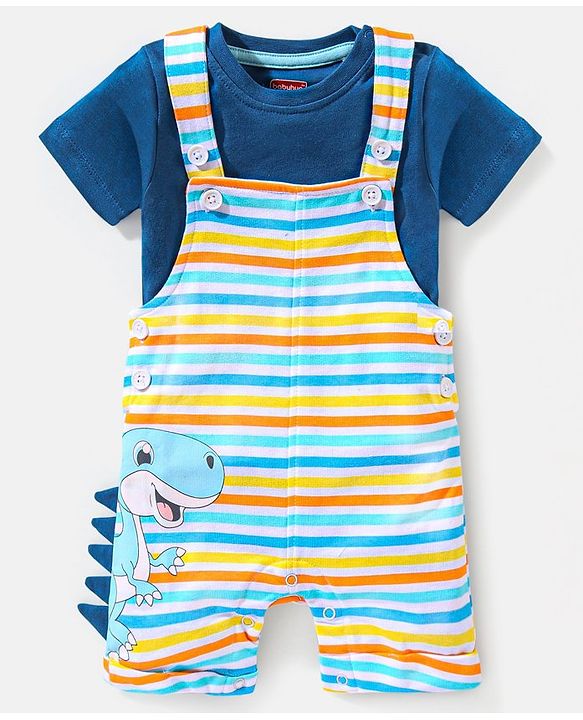 Babyhug Cotton Half Sleeves Tee & Dungaree Set With Applique Stripes & Dino Print- Blue & Yellow