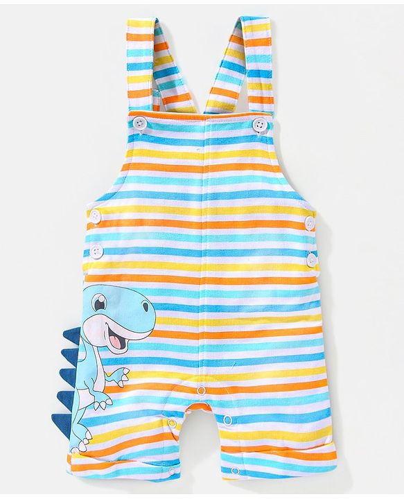 Babyhug Cotton Half Sleeves Tee & Dungaree Set With Applique Stripes & Dino Print- Blue & Yellow