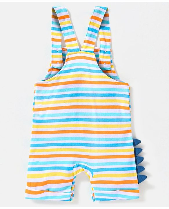 Babyhug Cotton Half Sleeves Tee & Dungaree Set With Applique Stripes & Dino Print- Blue & Yellow