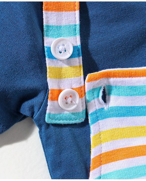 Babyhug Cotton Half Sleeves Tee & Dungaree Set With Applique Stripes & Dino Print- Blue & Yellow