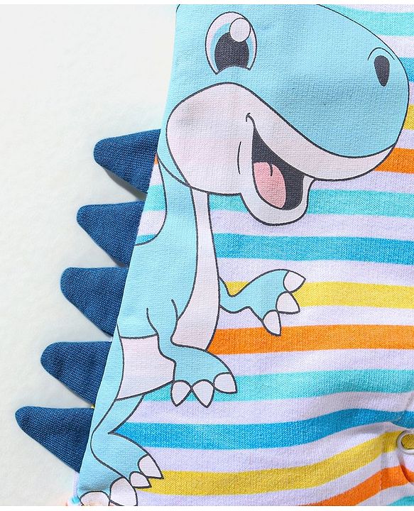 Babyhug Cotton Half Sleeves Tee & Dungaree Set With Applique Stripes & Dino Print- Blue & Yellow