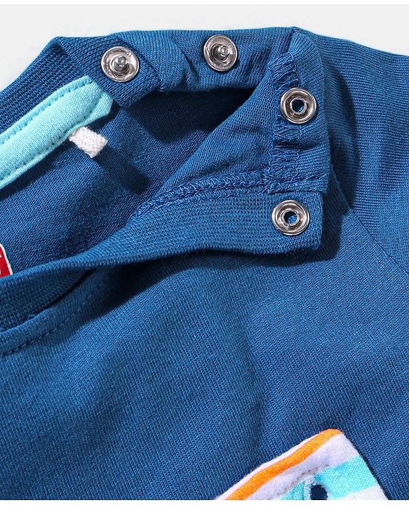 Babyhug Cotton Half Sleeves Tee & Dungaree Set With Applique Stripes & Dino Print- Blue & Yellow
