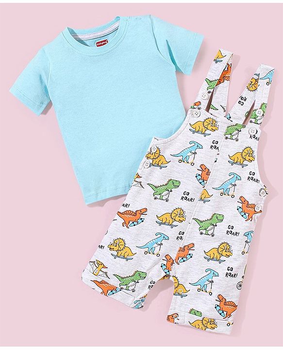 Babyhug Cotton Dungaree and Half Sleeves T-Shirt Set Dino Print - Light Blue White