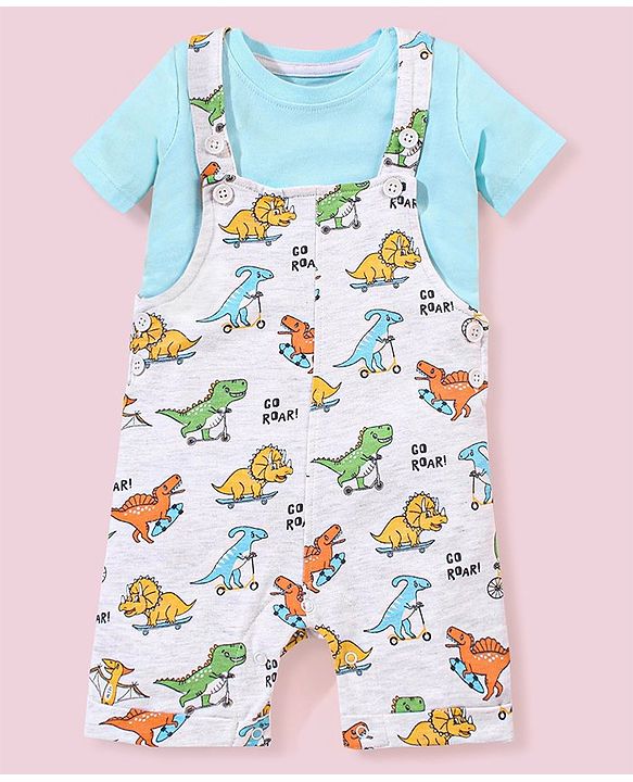 Babyhug Cotton Dungaree and Half Sleeves T-Shirt Set Dino Print - Light Blue White
